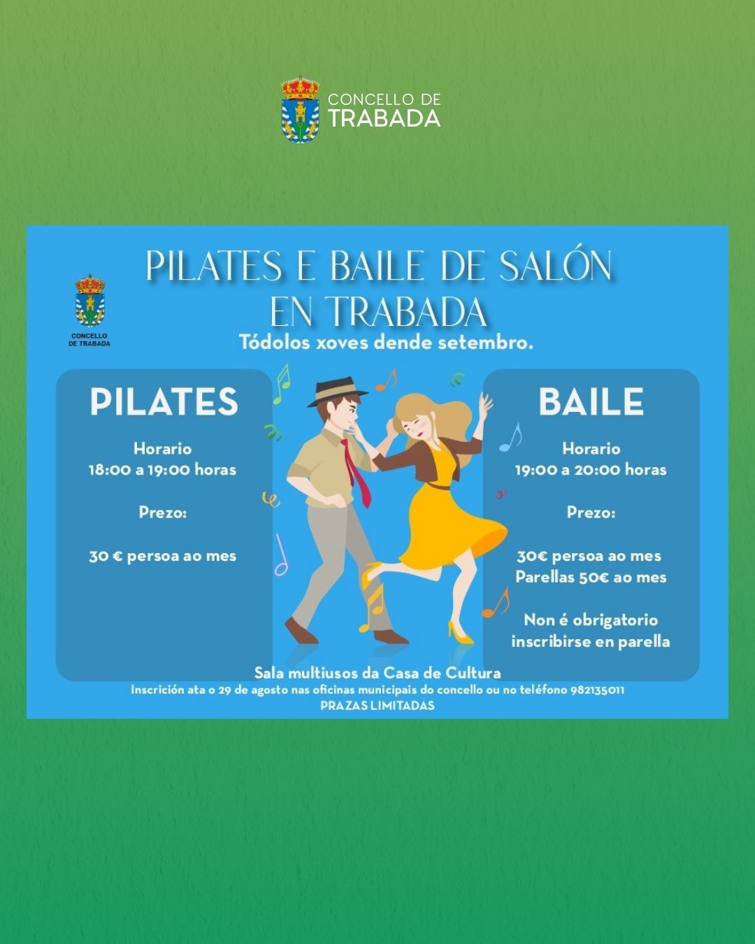 O Concello de Trabada abre o prazo de inscrición para pilates e baile de salón