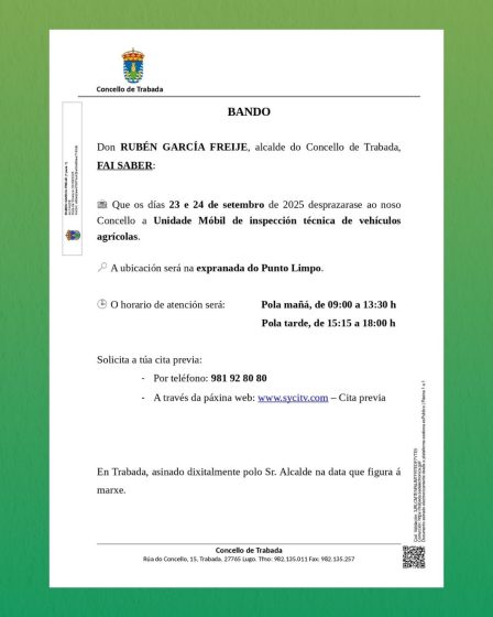 A unidade móbil de inspección técnica de vehículos agrícolas estará en Trabada os días 23 e 24 de setembro