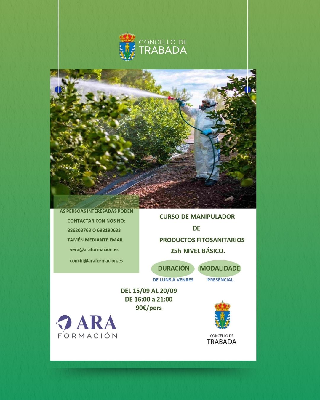 O Concello de Trabada organiza un curso de manipulador de produtos fitosanitarios de nivel básico
