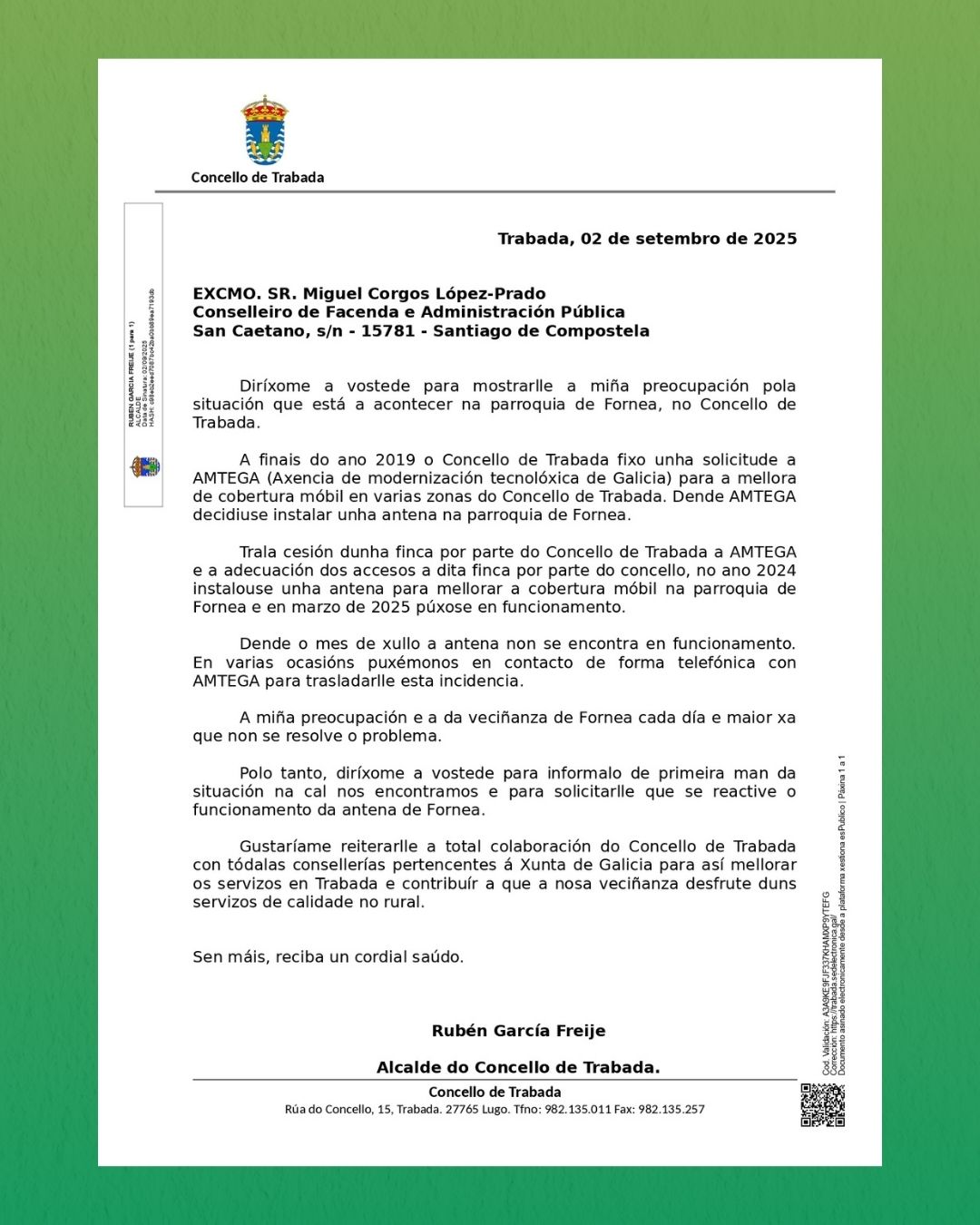 O Concello de Trabada solicita á Xunta de Galicia a reactivación da antena de Fórnea, en funcionamento só uns meses