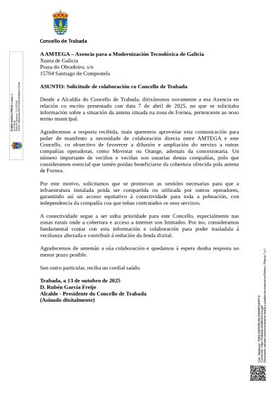 O Concello de Trabada solicita a AMTEGA, Telefónica e Orange a incorporación de cobertura móbil para todas as compañías na zona de Fórnea