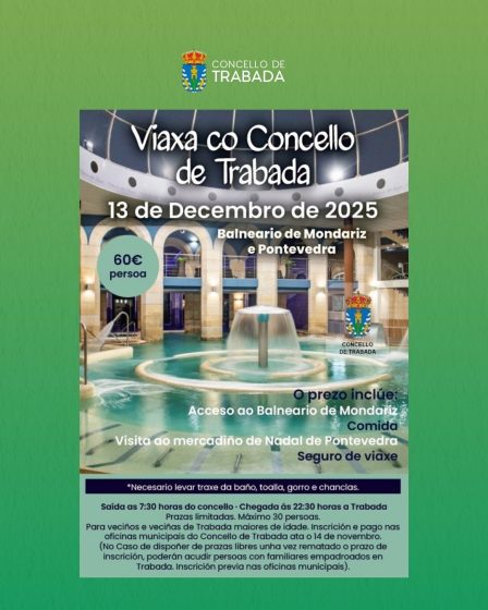O Concello de Trabada organiza unha nova viaxe ao Balneario de Mondariz e Pontevedra o 13 de decembro