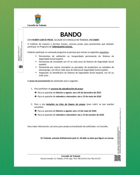 O Concello de Trabada informa da apertura do prazo para solicitar prazas no Programa de Termalismo Social do Imserso