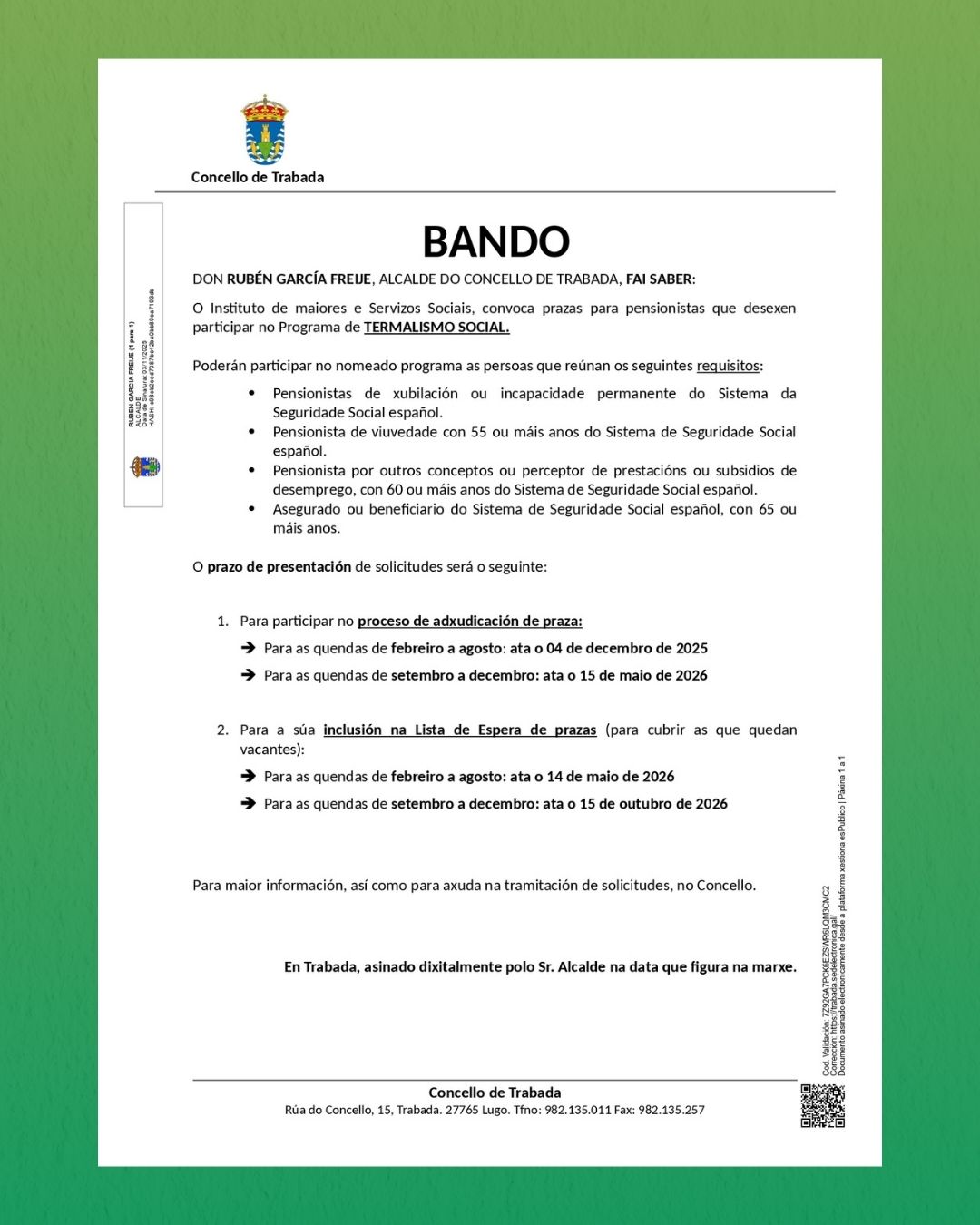 O Concello de Trabada informa da apertura do prazo para solicitar prazas no Programa de Termalismo Social do Imserso