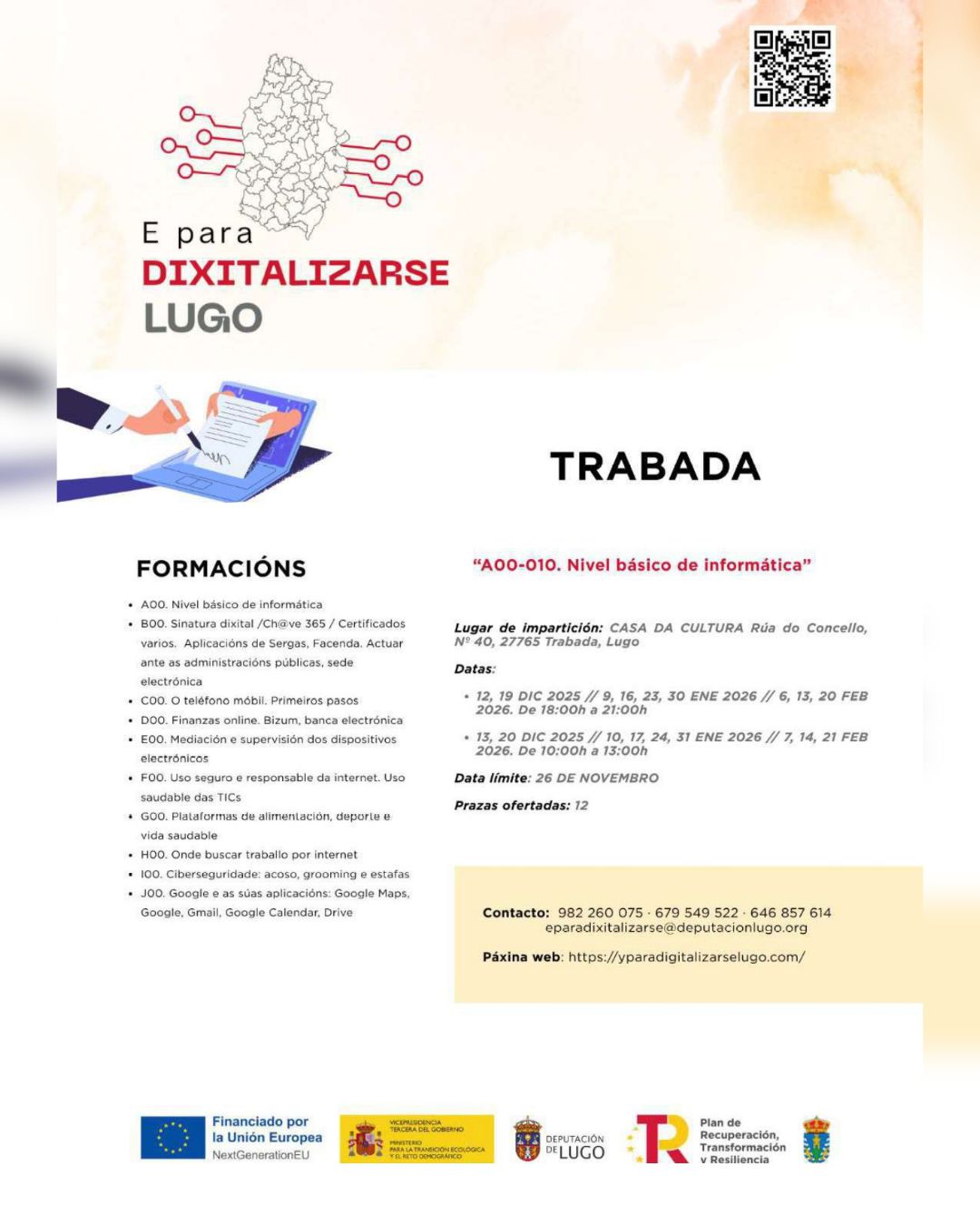 O Concello de Trabada abre o prazo de inscrición para o curso “Nivel básico de informática” e continúa co programa de formación dixital “E para dixitalizarse Lugo”