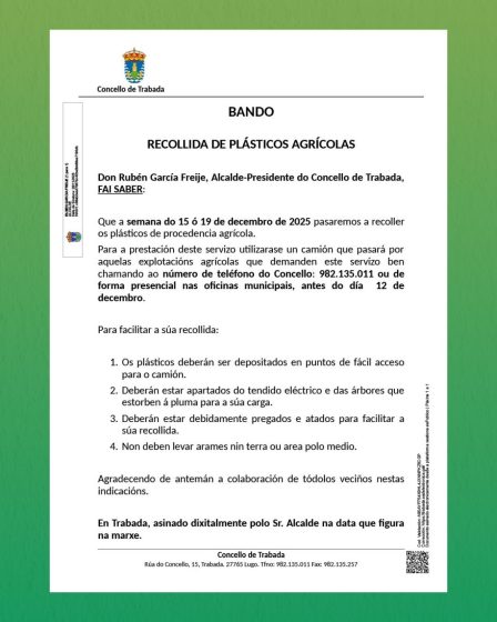 O Concello de Trabada anuncia unha nova campaña de recollida de plásticos agrícolas