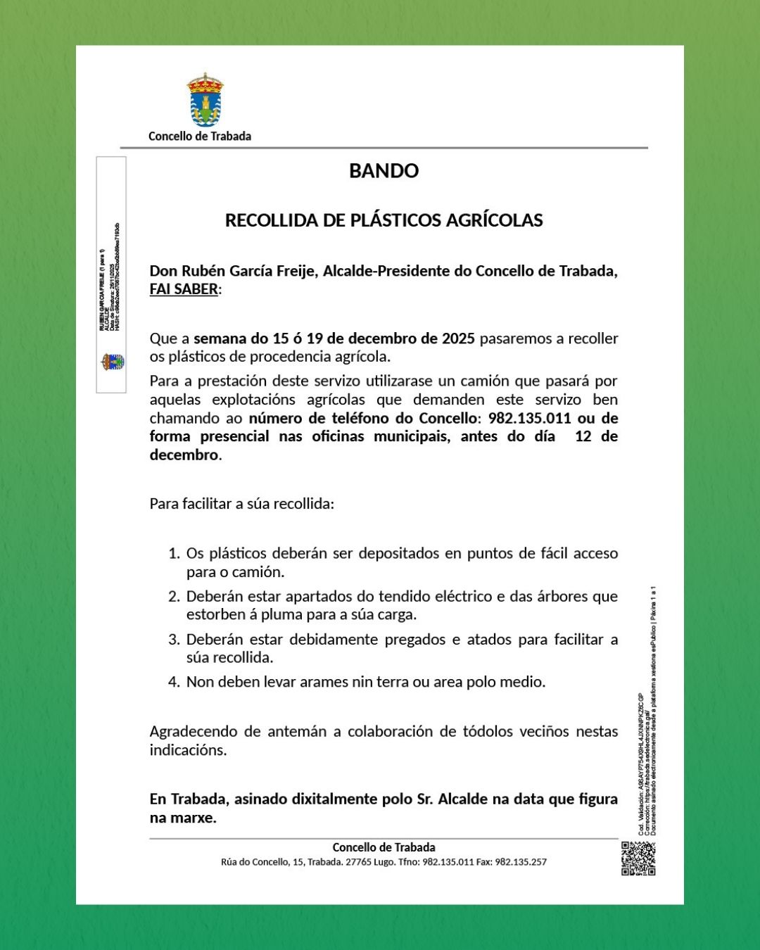 O Concello de Trabada anuncia unha nova campaña de recollida de plásticos agrícolas