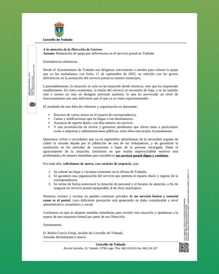 O Concello de Trabada reitera a súa queixa a Correos polas graves deficiencias no servizo postal