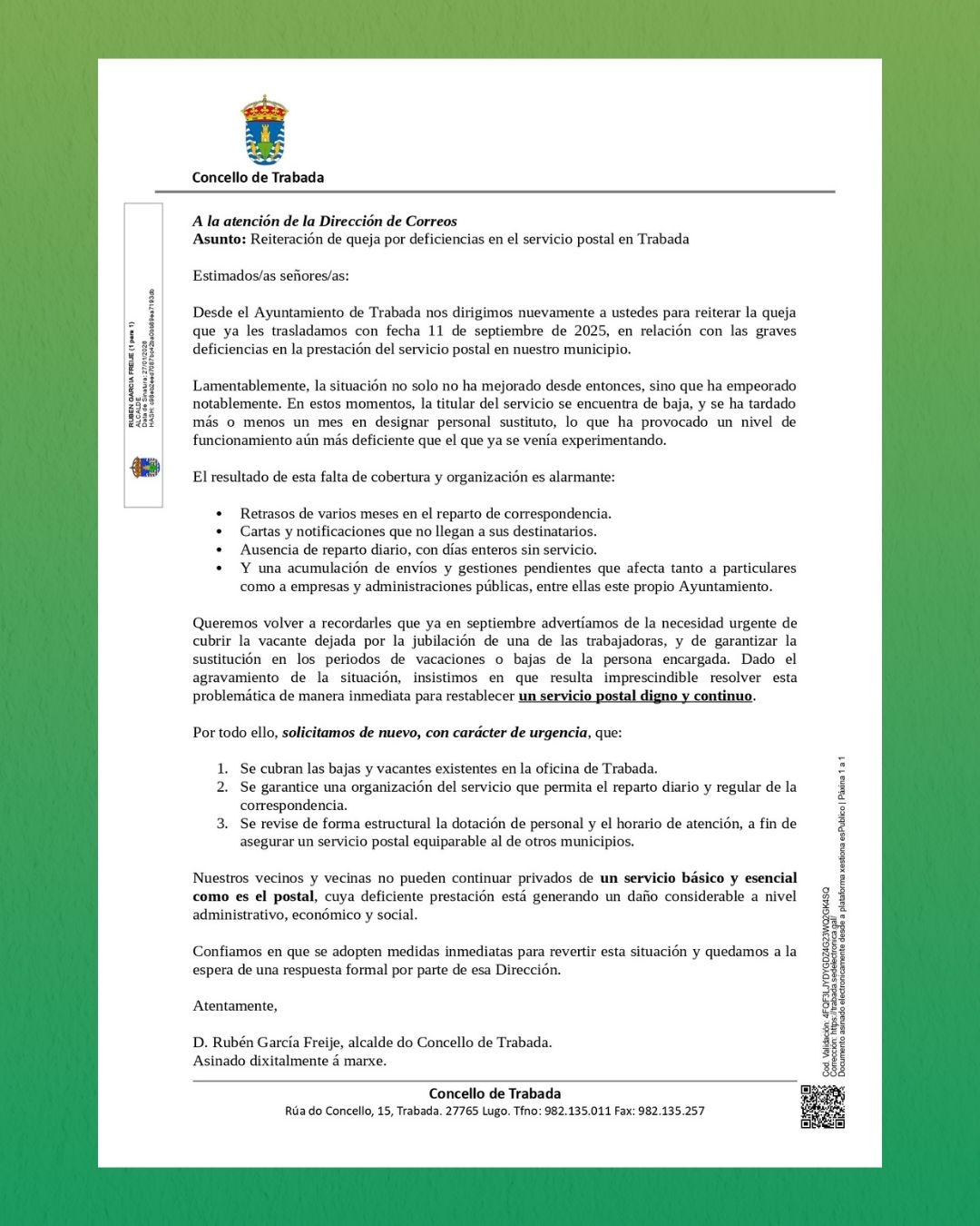 O Concello de Trabada reitera a súa queixa a Correos polas graves deficiencias no servizo postal