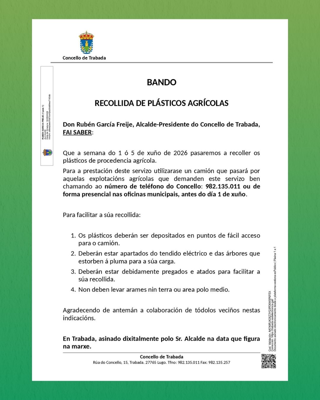 O Concello de Trabada abre unha nova campaña de recollida de plásticos agrícolas para apoiar ao sector primario